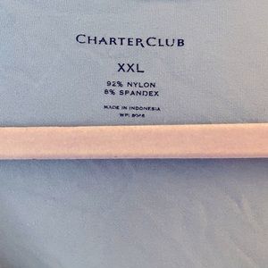 Sleeveless blue shirt.